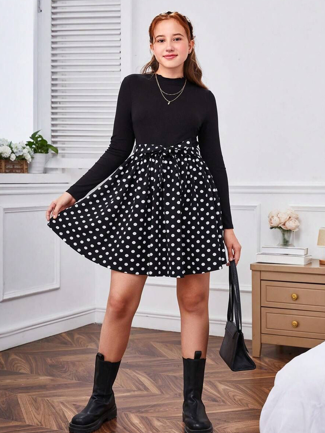 Billion Women Polka Dot Printed Belted Long Sleeve Fit & Flare Dress