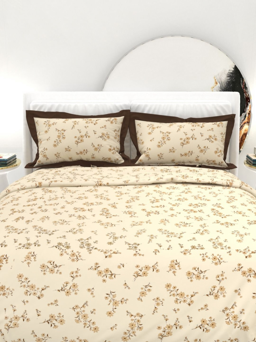 THE WHITE MOSS Tan And Brown Printed Cotton 300 TC King Bedsheet Set-2.75 m x 2.75 m