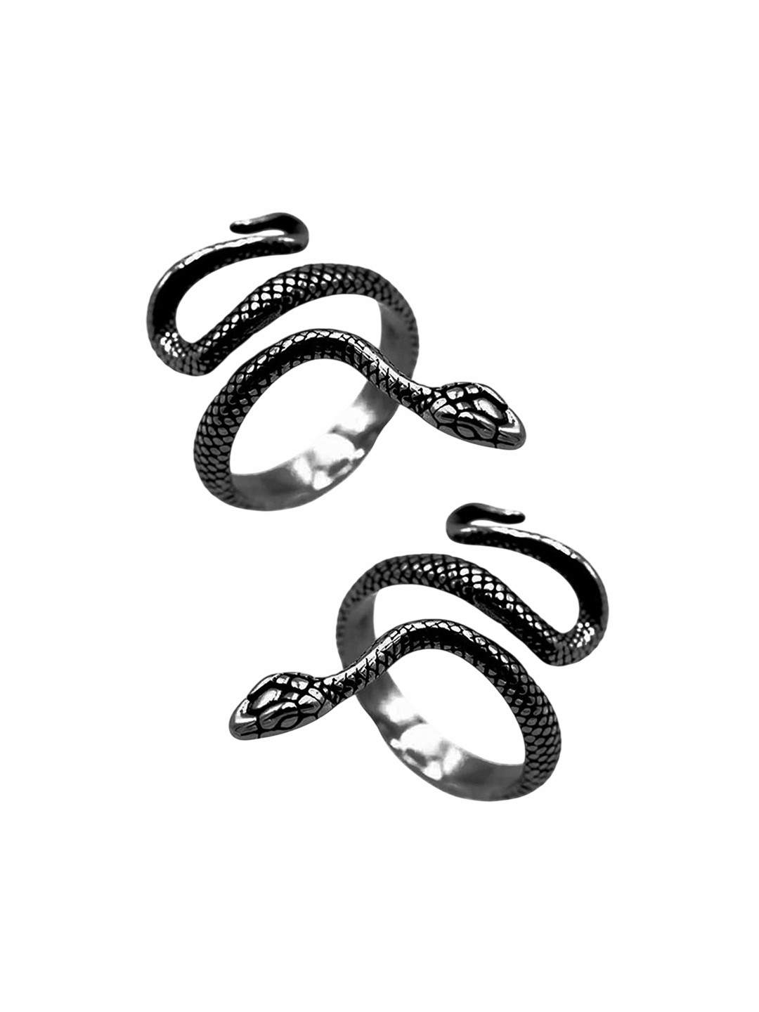 VS Unique Collection Unisex Set Of 2 Stainless Steel Black Serpent Finger Ring