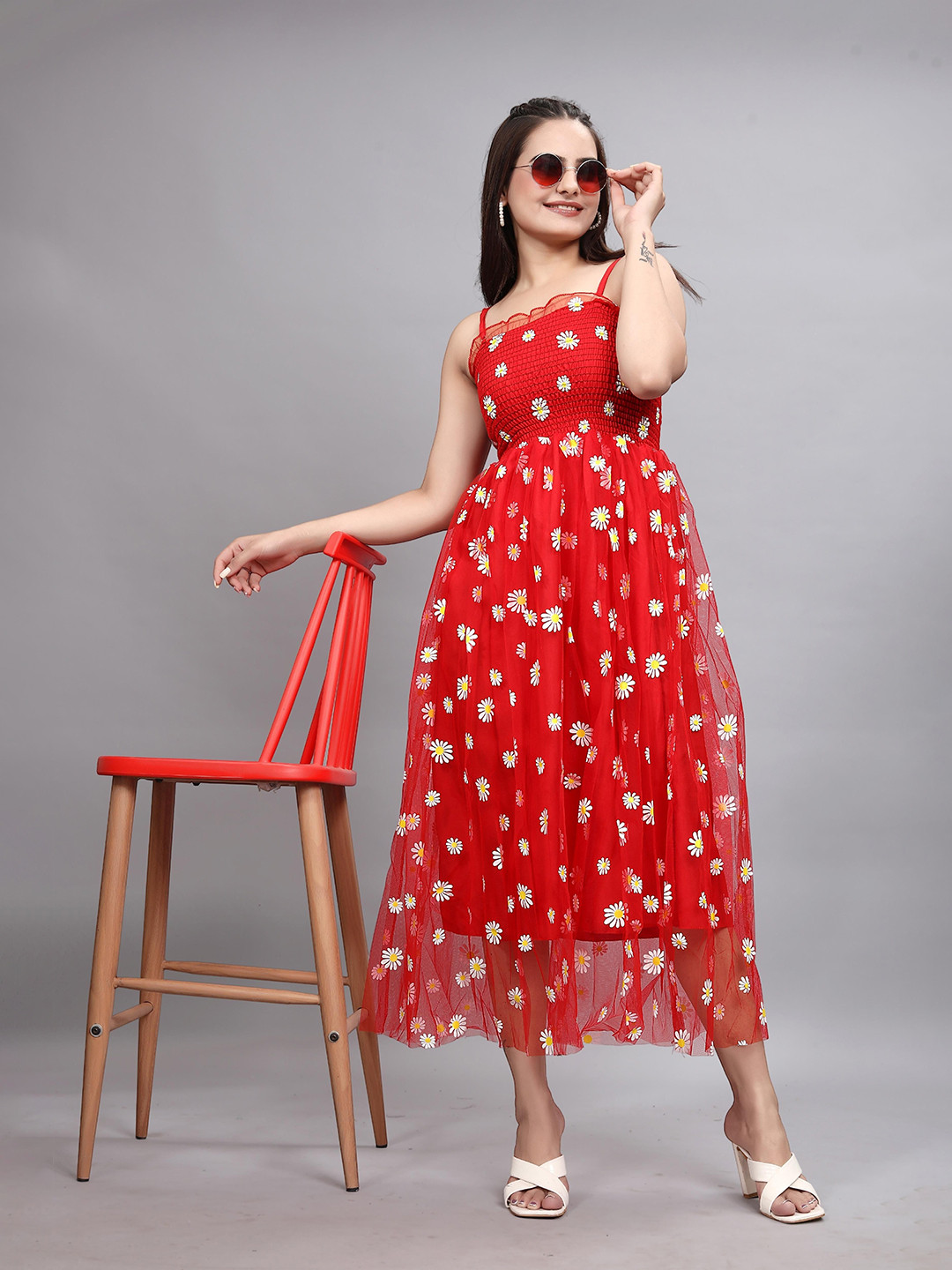 CORSICA Women Floral Printed Smocked Sleeveless Cotton Fit & Flare Dress