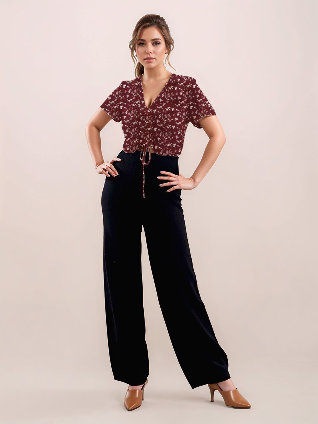 Zink London Women Maroon Floral Prints Half Sleeves Top