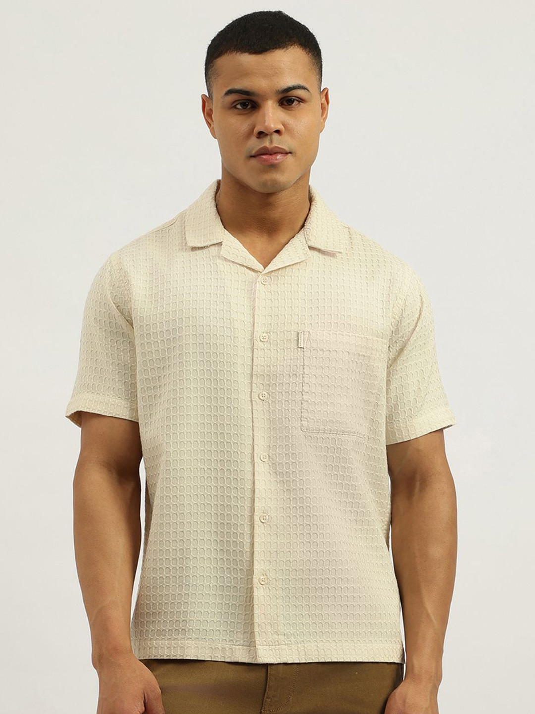 United Colors of Benetton Relaxed Fit Geometric Self Design Pure Cotton Waffle Shirt