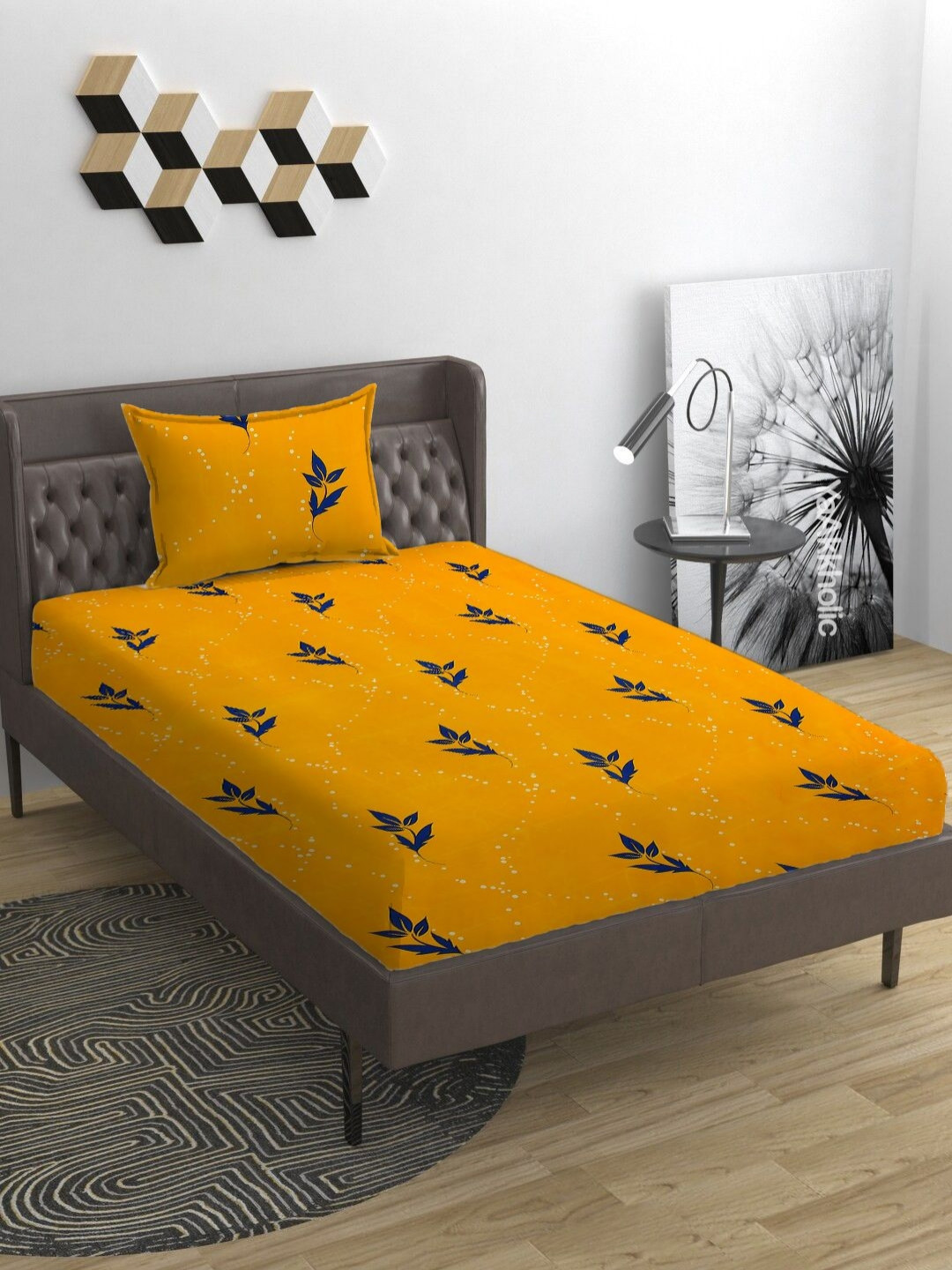 YaAkholic Yellow Printed Microfiber 210 TC Single Fitted Bedsheet Set 1.21 m x 1.82 m