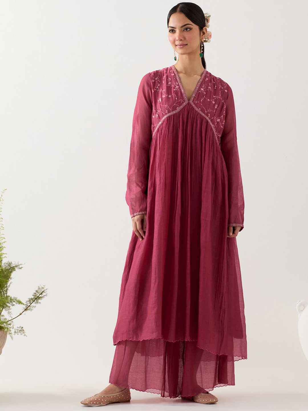 TATWA DESIGNS Floral Yoke Design Empire Thread Work Chanderi Silk Kurta With Sharara