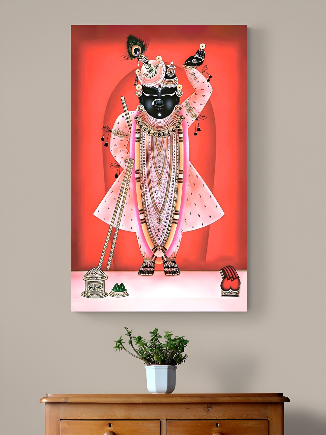 Tushaco Handicrafts Pink & Red Shrinath Ji Printed Religious Canvas Wall Art