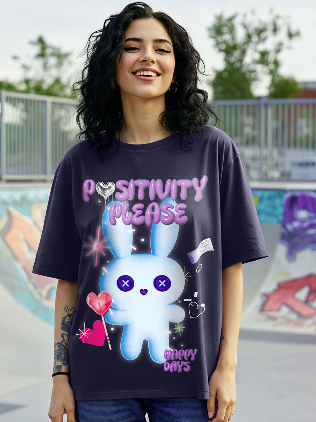 Bewakoof Oversized Positivity Please Graphic Printed Pure Cotton T-Shirt