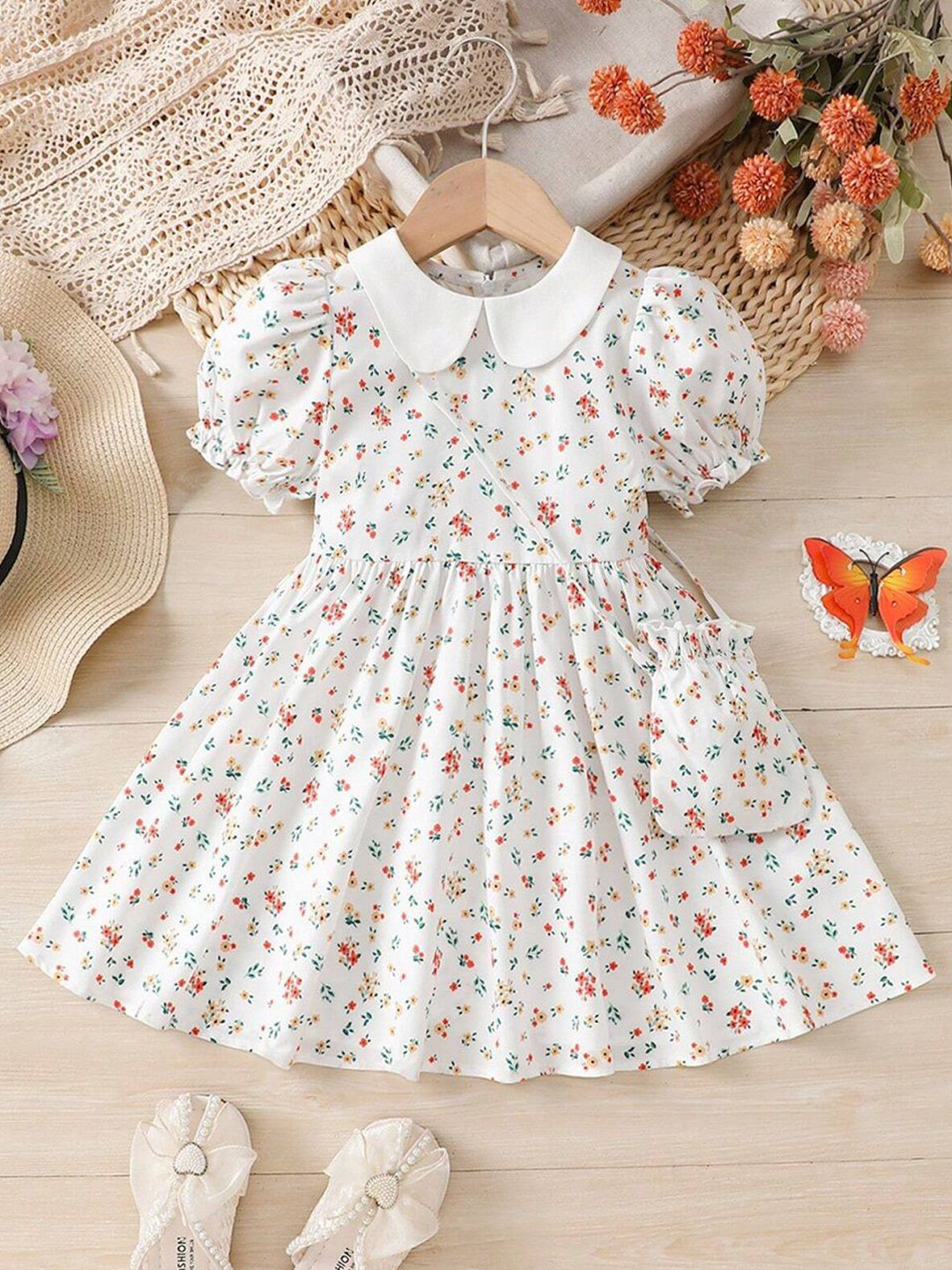 Miss & Chief Girls Floral Printed Peter Pan Collar Fit & Flare Dress