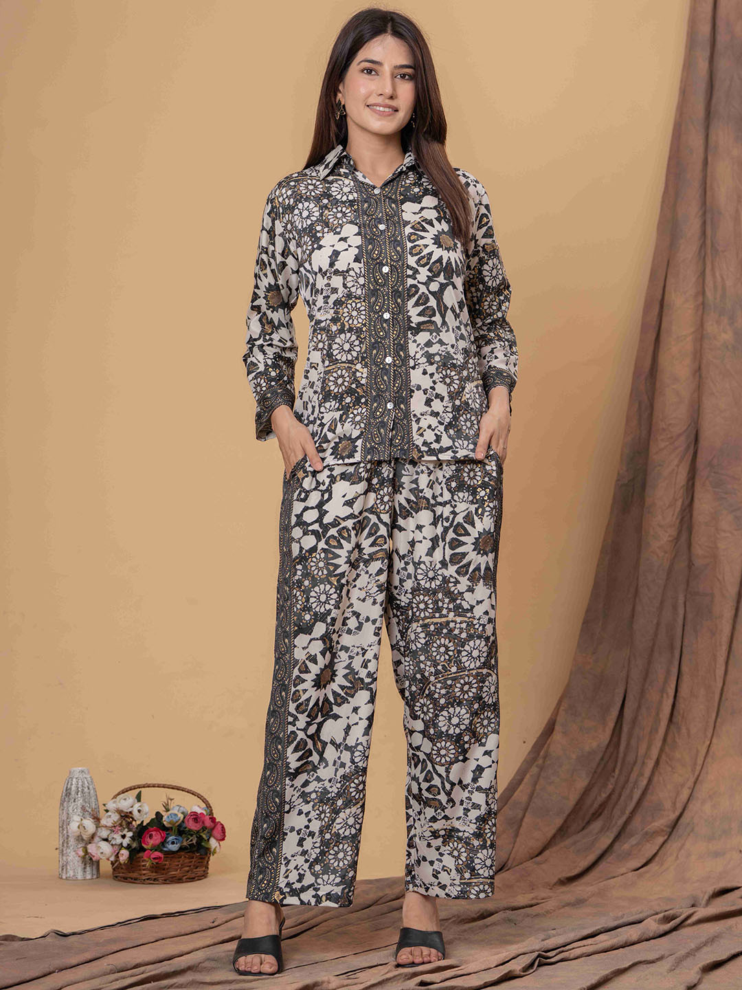 Sencei Printed Collared Neck Long Sleeves Shirt With Trouser Co-Ords