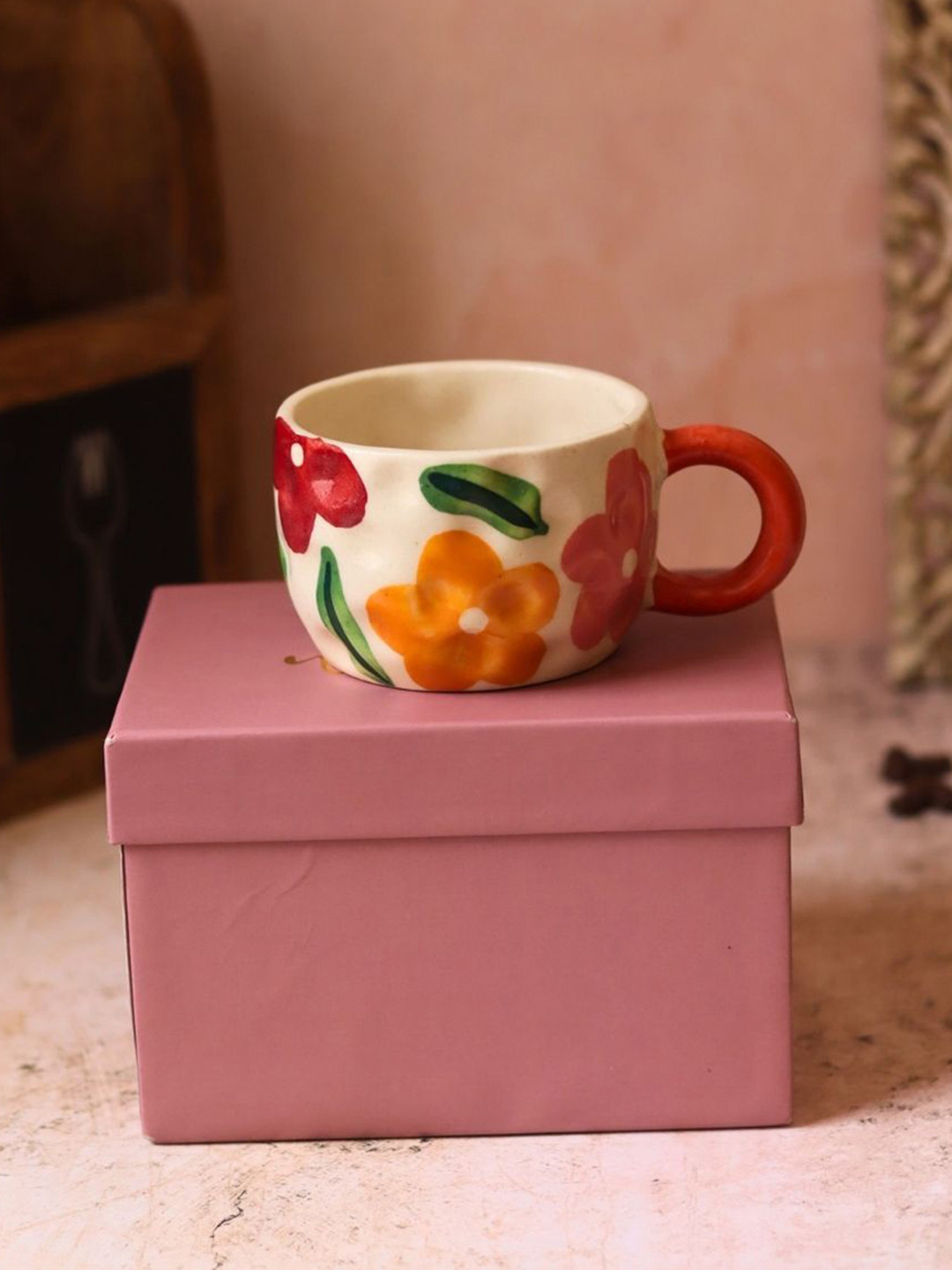 WEAVING HOMES White & Red Floral Printed Ceramic Glossy Mug With Gift Box-180 ml