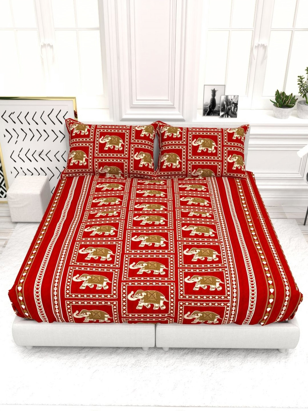 THE WHITE MOSS Red & Brown Printed Cotton 250 TC King Bedsheet Set-2.75 m x 2.75 m