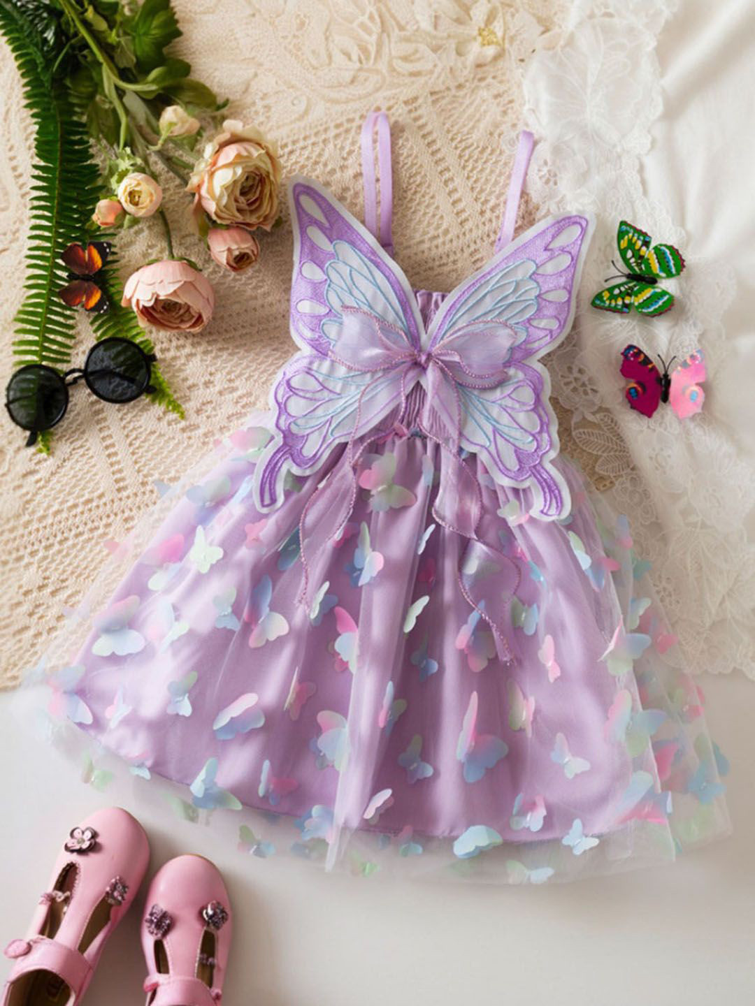 INCLUD Girls Butterfly Applique Tulle Overlay Smocked Fit & Flare Dress