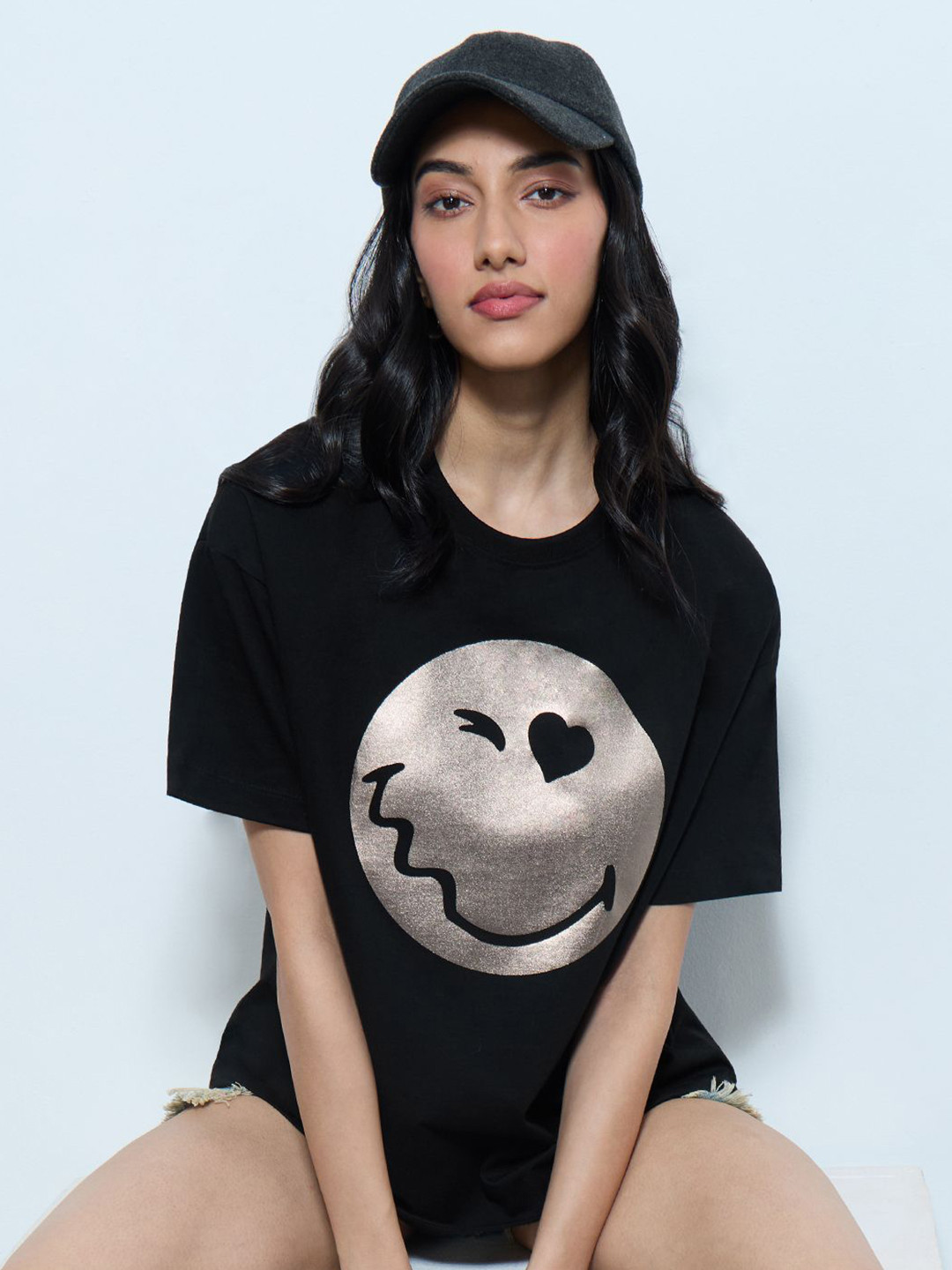 The Souled Store Oversized Smiley Shimmer Graphic Printed Pure Cotton T-Shirt