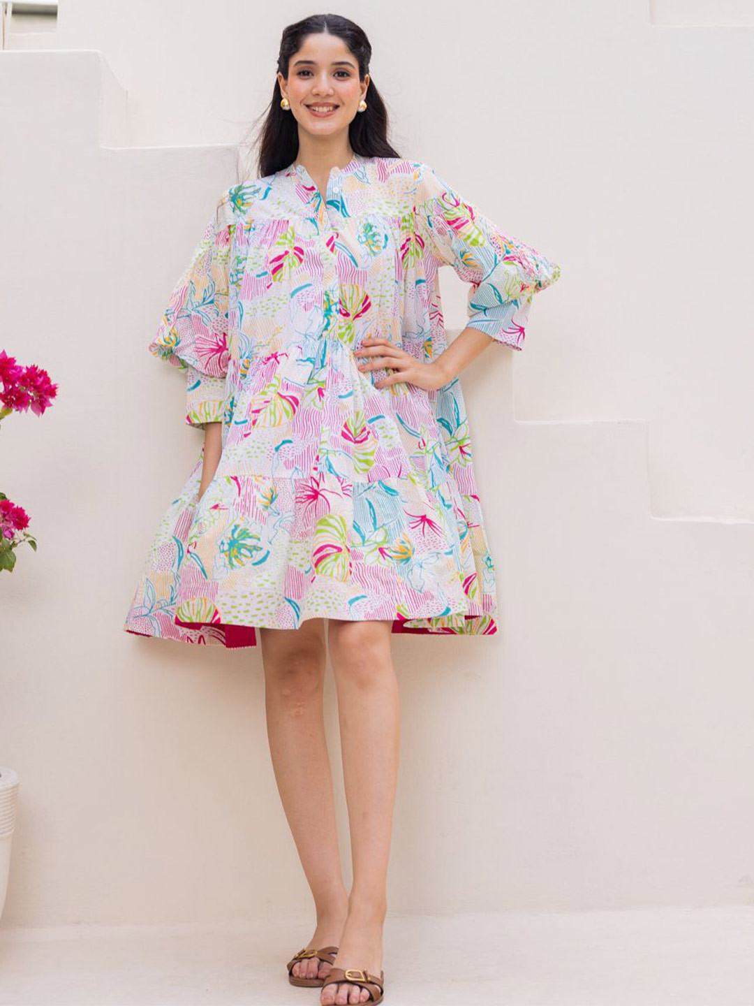 Ambraee Women Summer White Tiered Floral Printed Fit & Flare Dress