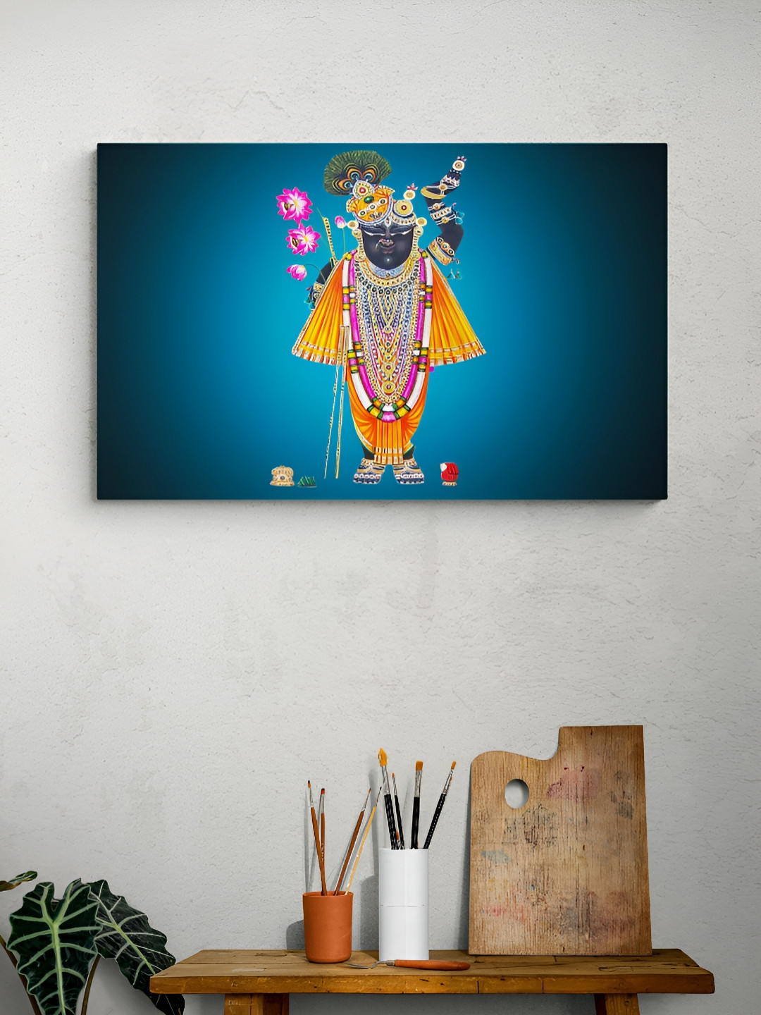 Tushaco Handicrafts Blue & Orange Shrinath Ji Printed Religious Canvas Wall Art