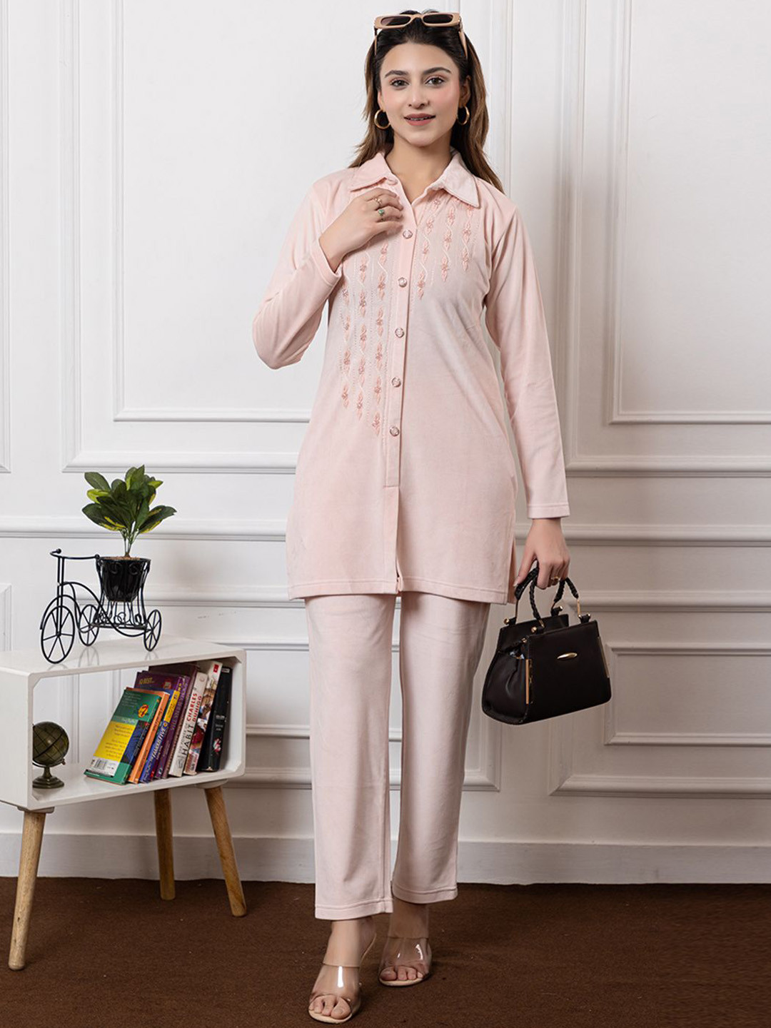 TWENTY ME Embroidered Shirt Collar Neck Shirt With Trousers Co-Ords