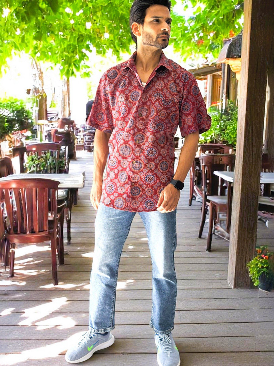 PRETANSHAH  Floral Hand block Printed Short Sleeves Cotton Shirt