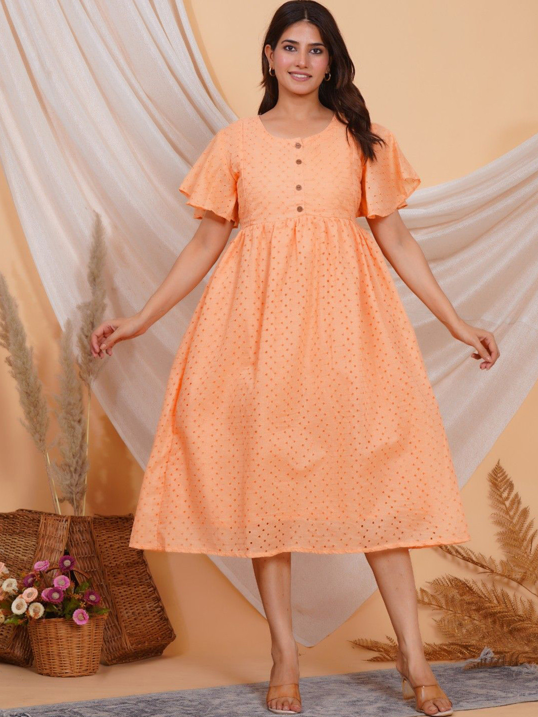 MomsBae Women Flared Sleeve A-Line Midi Dress