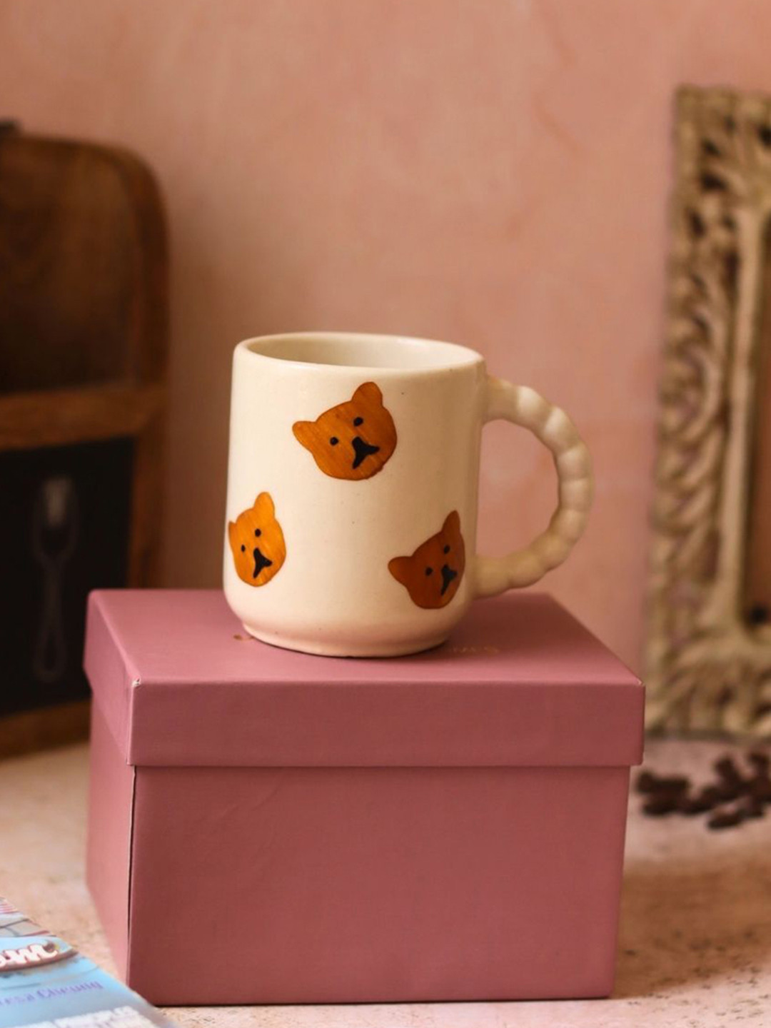 WEAVING HOMES White & Brown Teddy Bear Printed Ceramic Glossy Mug With Gift Box-250 ml