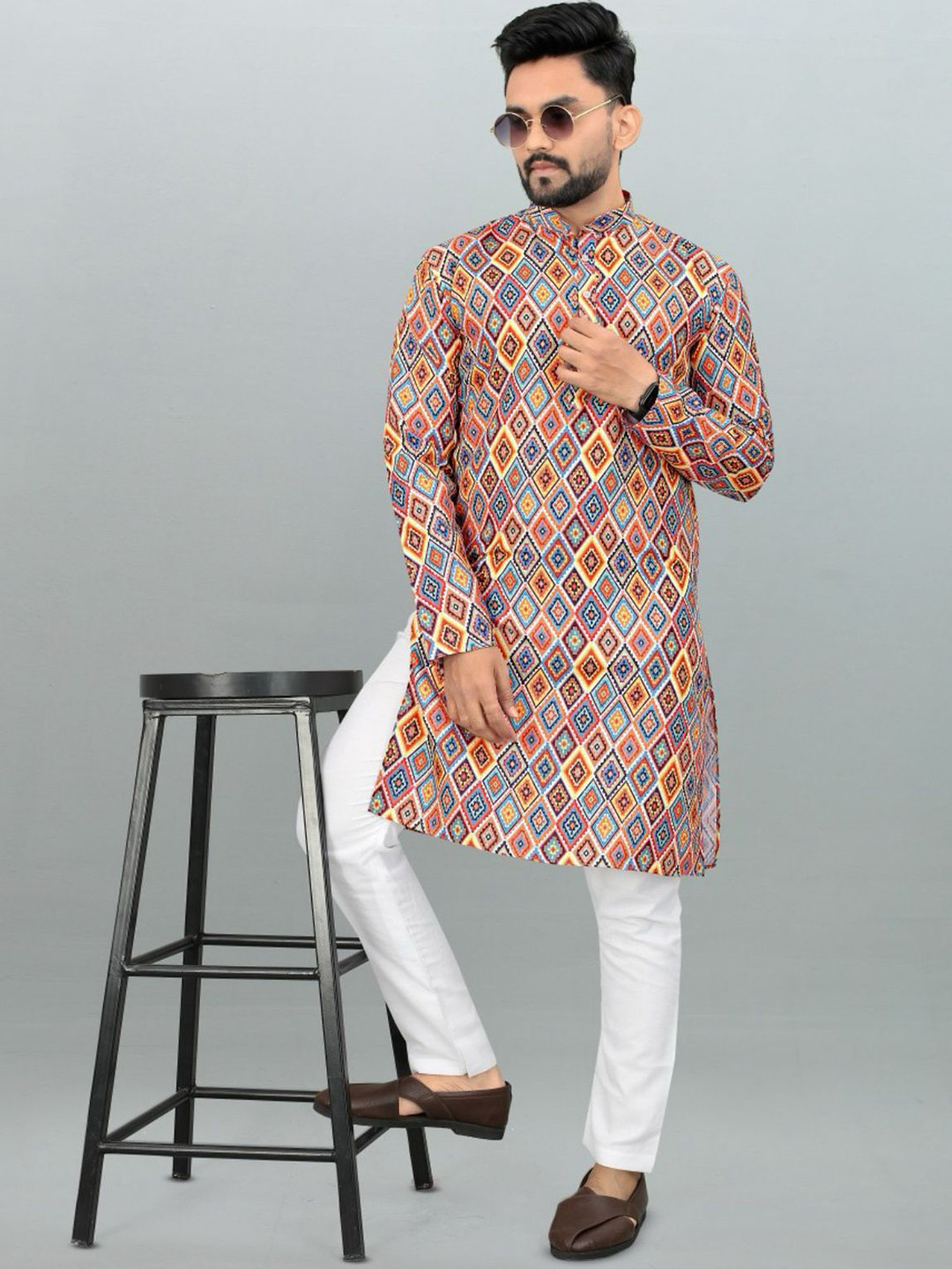 TIGER SNAKE Geometric Printed Mandarin Collar Straight Kurta