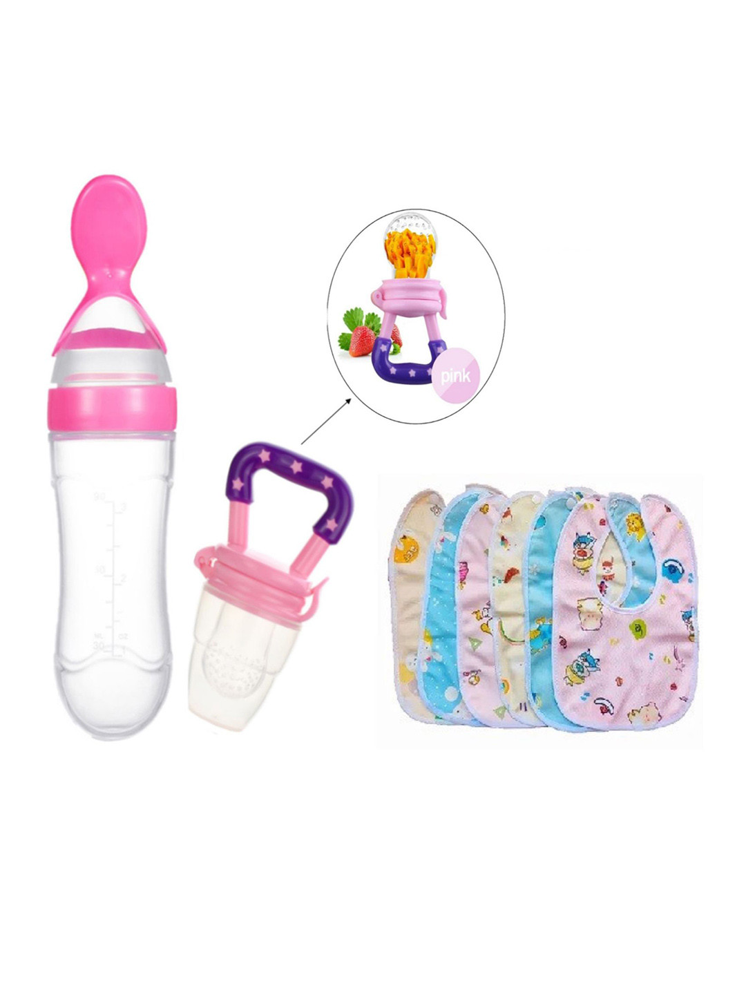 Kritiu Kids New Born Feeding Starter Kit With 3 Cotton Waterproof Bibs - Pink