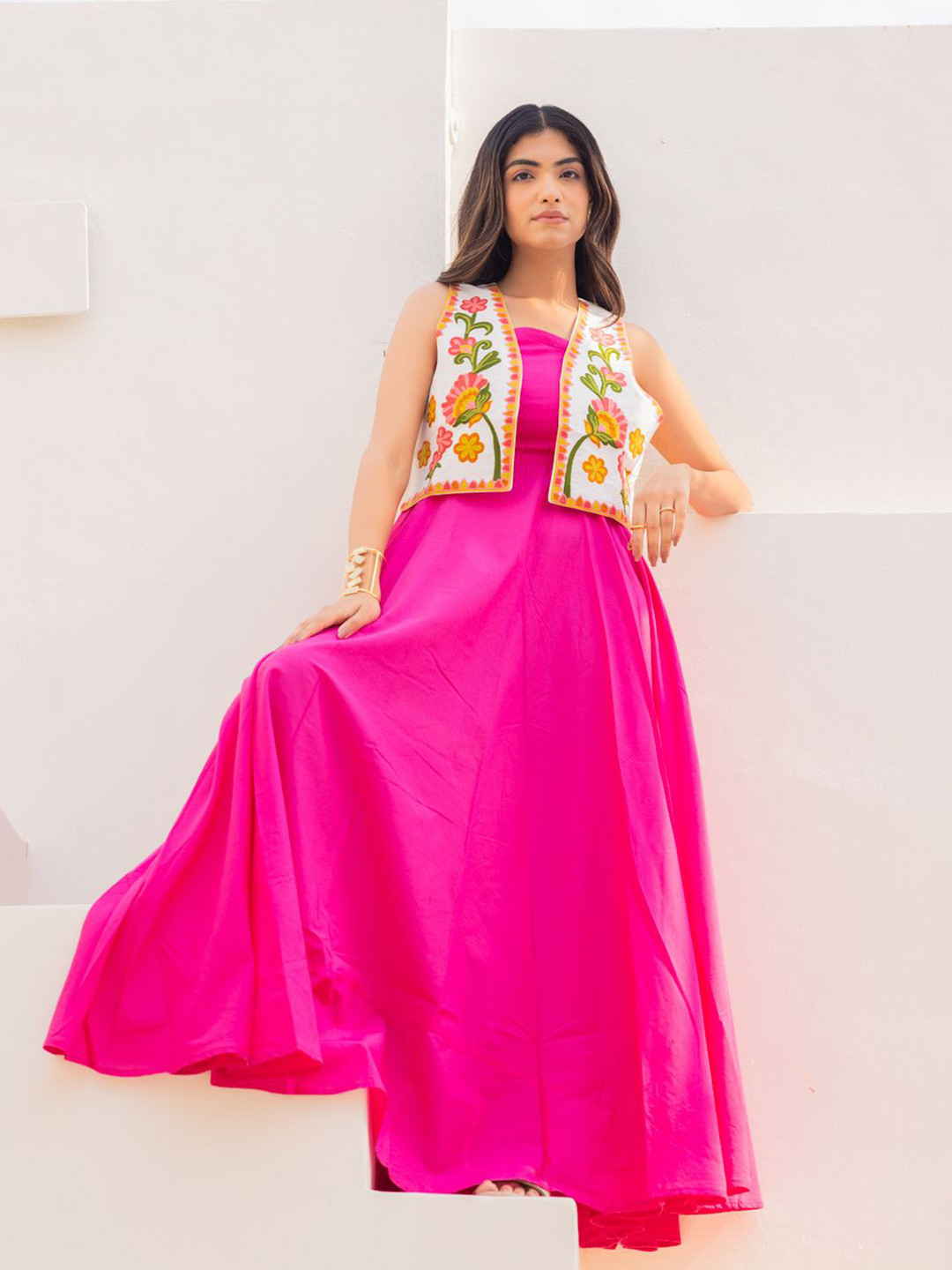 Ambraee Women Strapless Maxi Dress With Embroidered Jacket