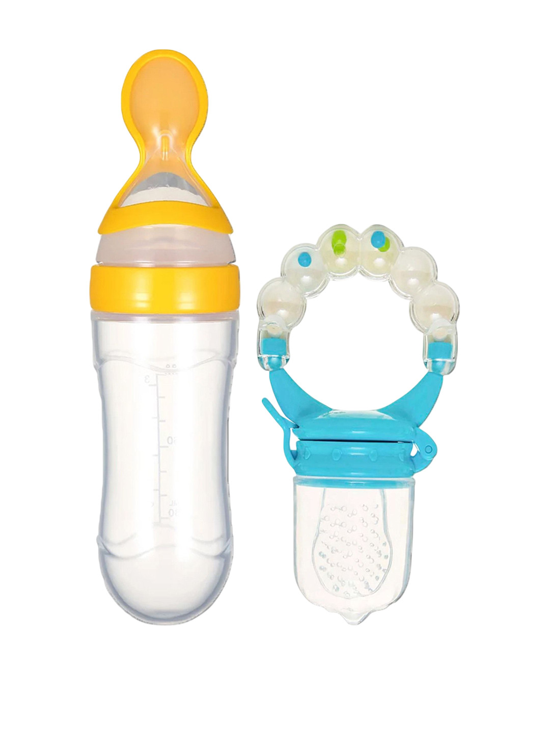 Joy Buzz Kids Set Of 2 Baby Squeezy Bottle & Rattle Fruit Nibbler Food Feeder - Yellow