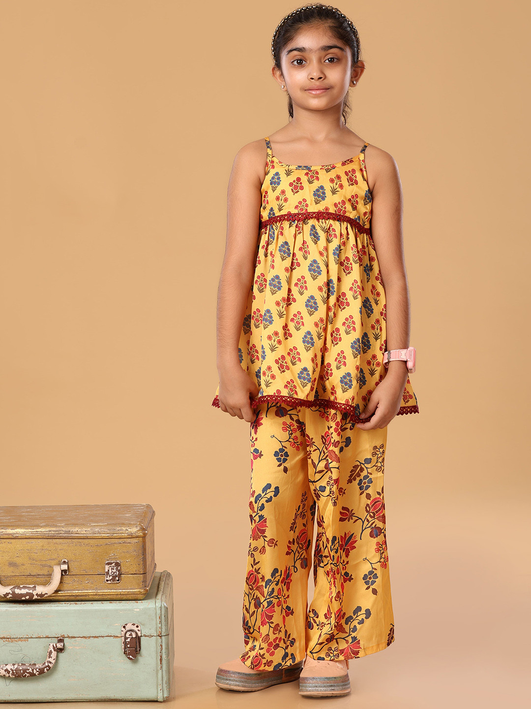 The Mini Trunk Yellow Printed Floral Laced Spagetti Set