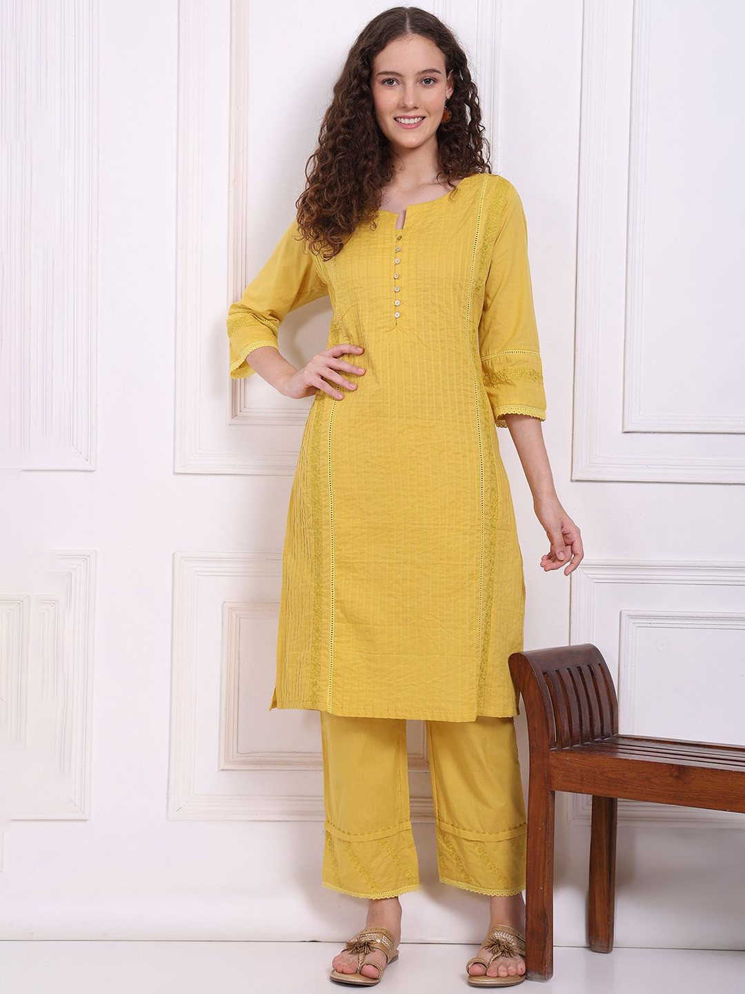 W Floral Embroidered Pure Cotton Notch Neck Straight Kurta With Trousers