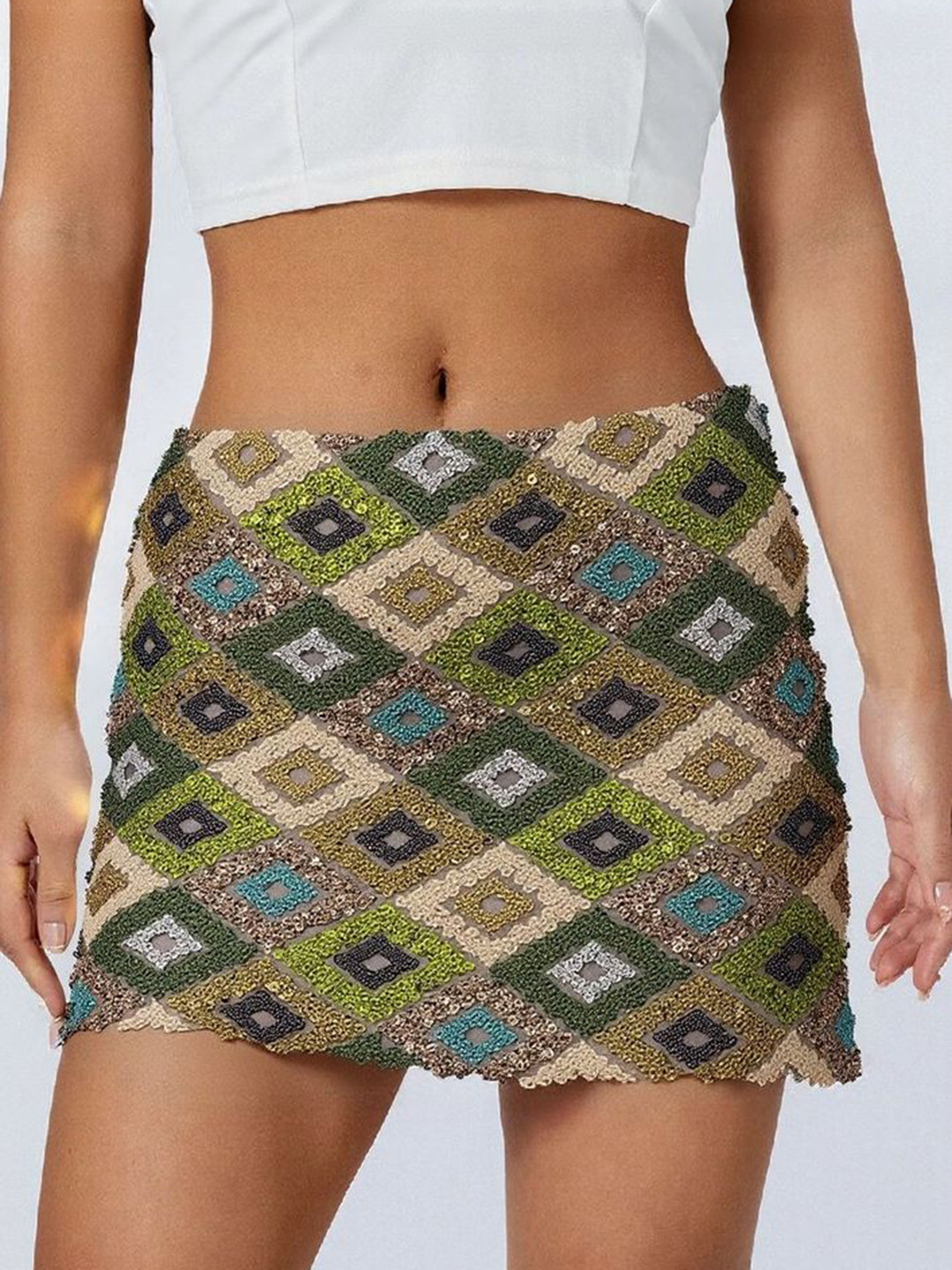 Geometric Embellished Sequinned Mini Skirt