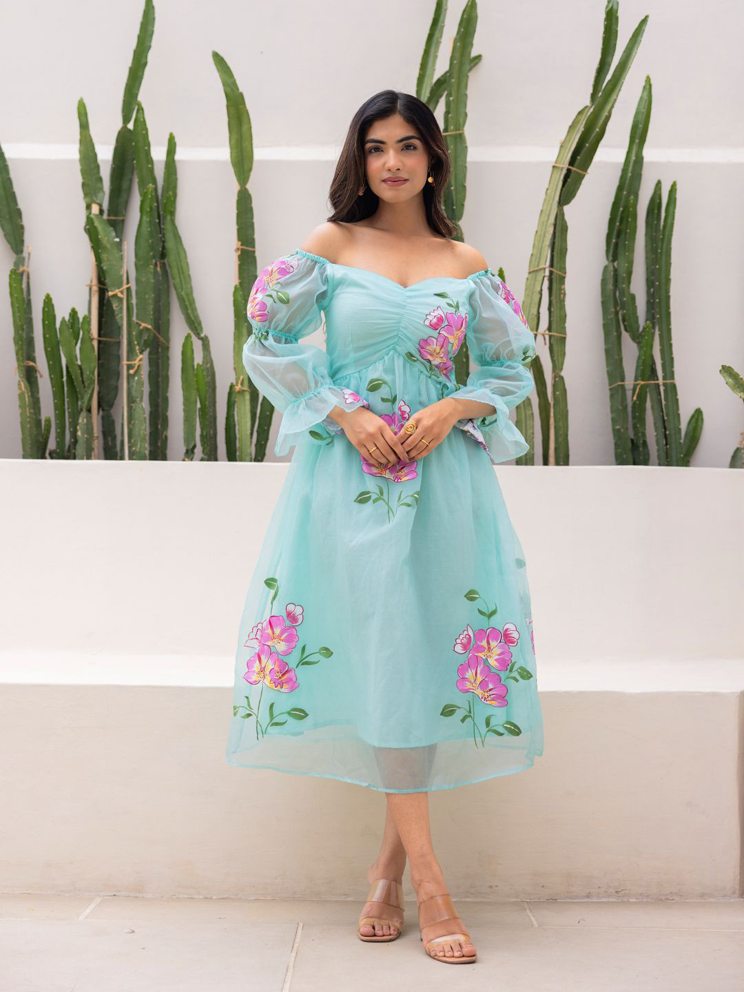 Ambraee Sky Blue Floral Printed Bishop Sleeves Organza Empire Midi Dress