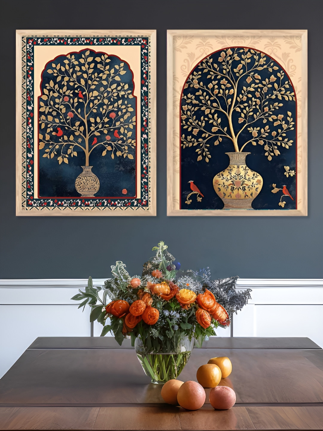 Kotart Peach-coloured & Teal Blue 2 Piece Floral and Botanical Wooden Wall Art