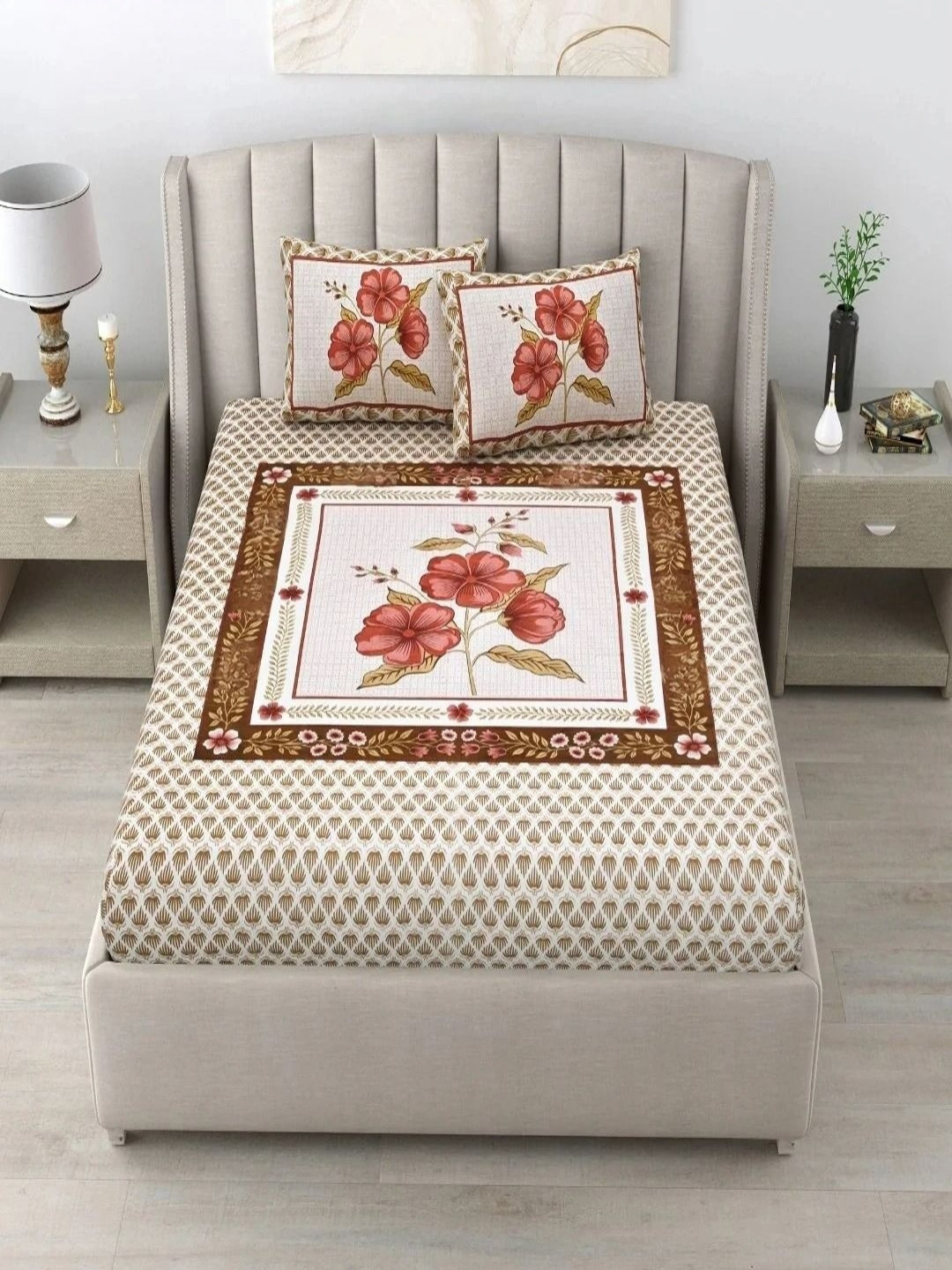 Bombay Spreads Peach-Coloured Printed Cotton 180 TC King Bedsheet Set 2.74 x 2.25 m
