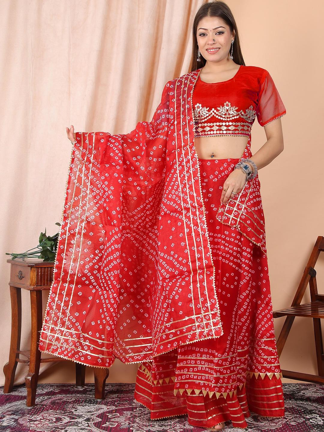 huuhambay Bandhani Printed Traditional Kota Doria Semi Stitched Lehenga & Dupatta