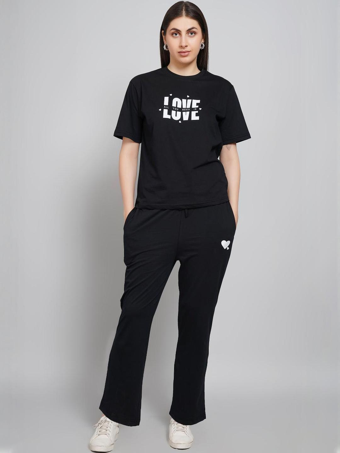 Stem Rope Women Typography Printed T-shirt & Trousers Co-Ord Set