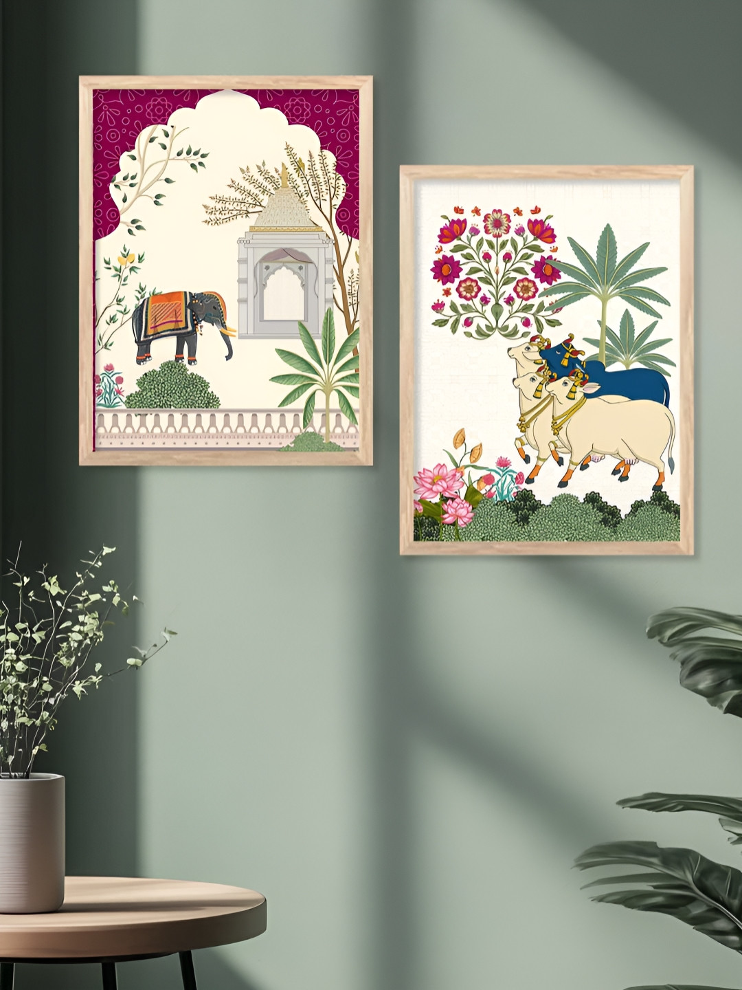 Kotart White & Green 2 Pieces Traditional Elephant Wooden Wall Arts