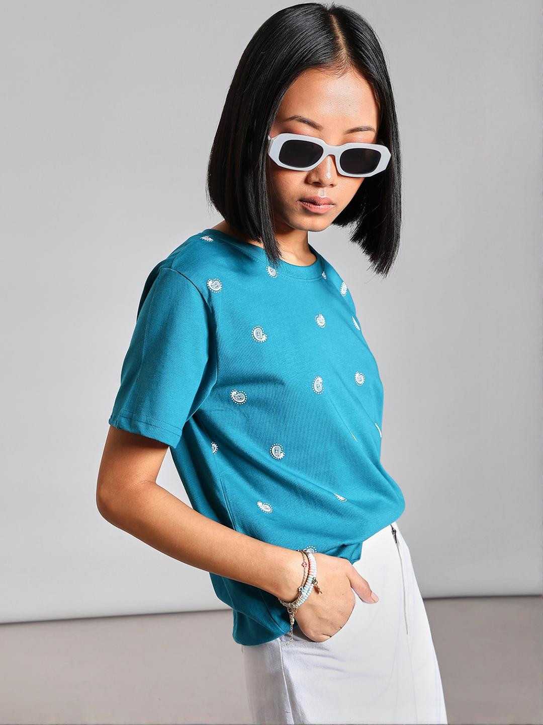 LIMEROAD  Women Ethnic Printed Single Jersey Round Neck Fusion Print Cotton Top