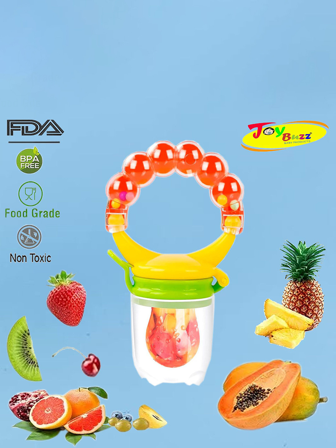 Joy Buzz Silicone Food & Fruit Nibbler With Extra Mesh For Infant - Orange