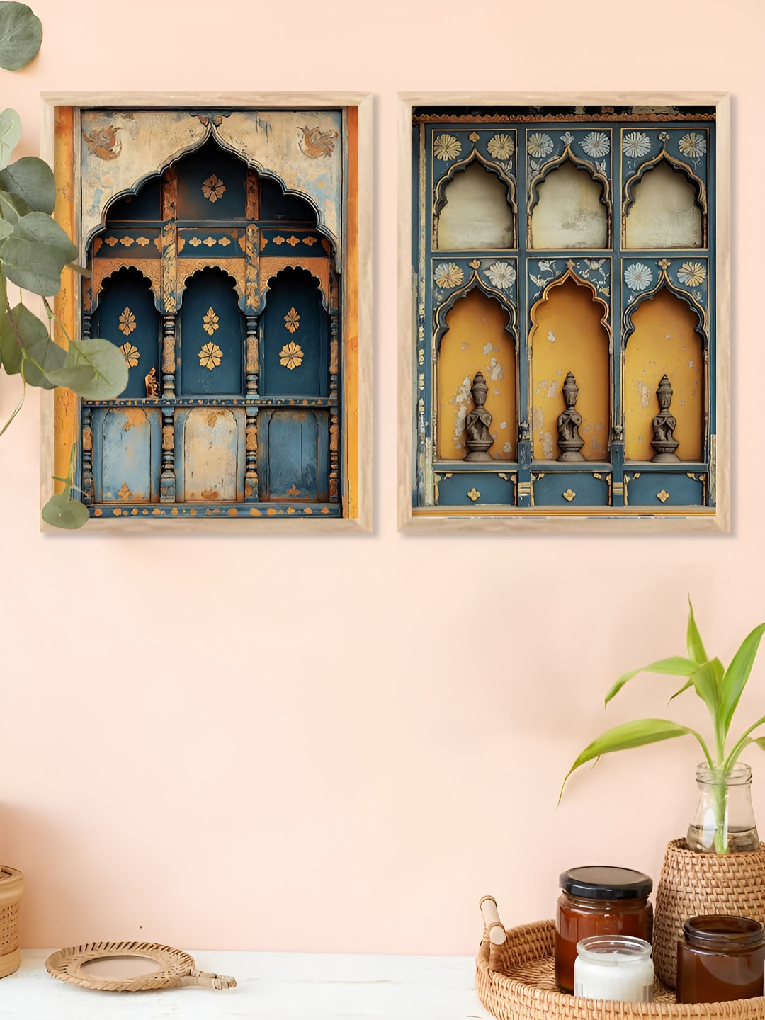 Kotart Teal Blue & Yellow 2 Piece Traditional Wooden Wall Art