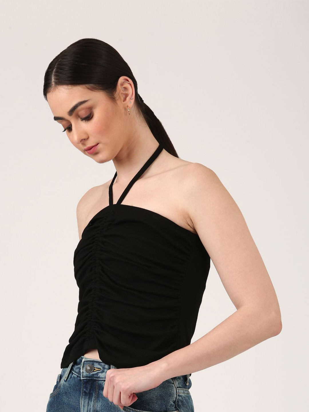 Jolene.club Women Gathered Halter Neck Sleeveless Cotton Fitted Crop Top