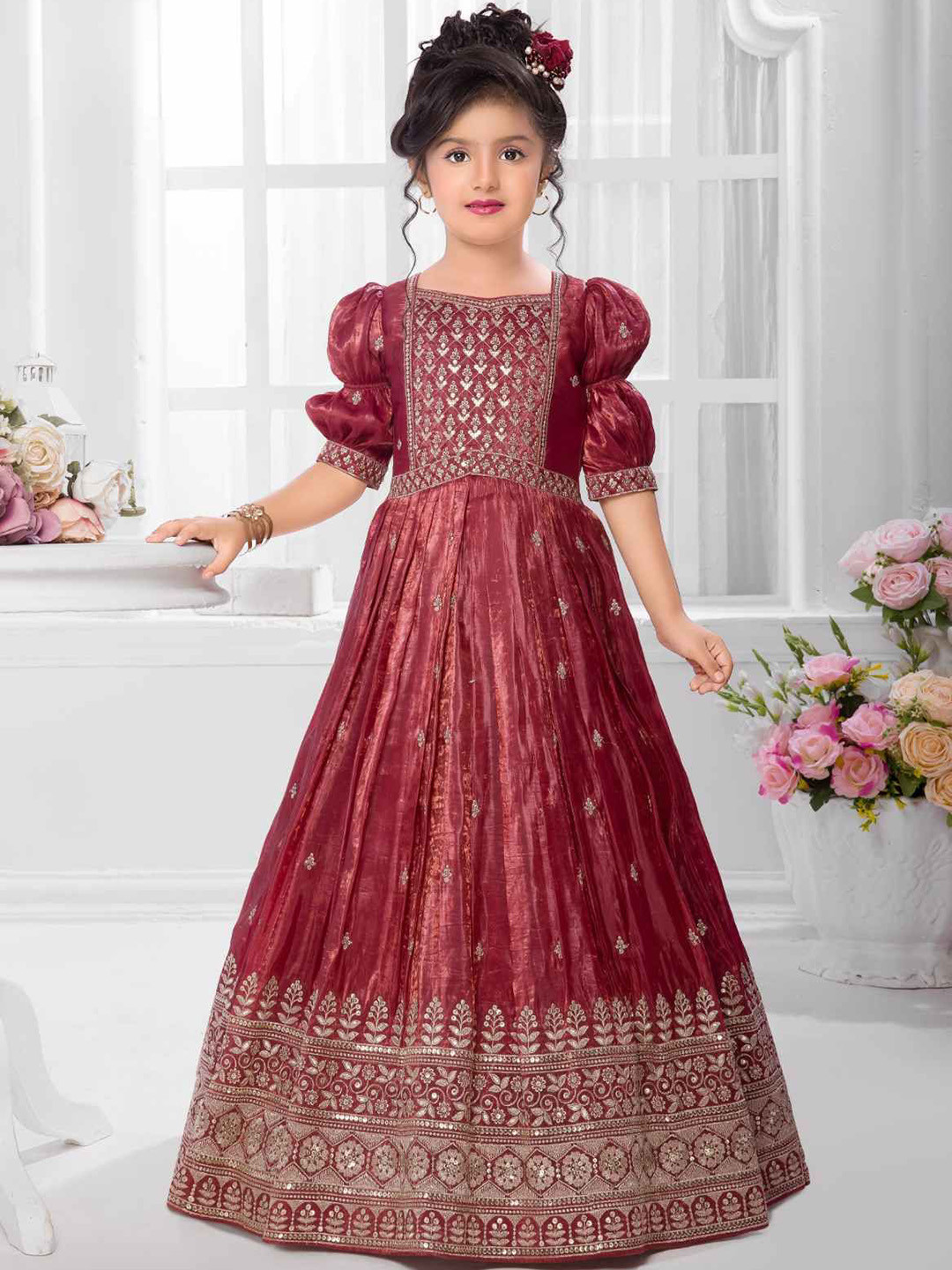 Lagorii Girls Embroidered Sequins Work & Zari Gown Maxi Ethnic Dresses