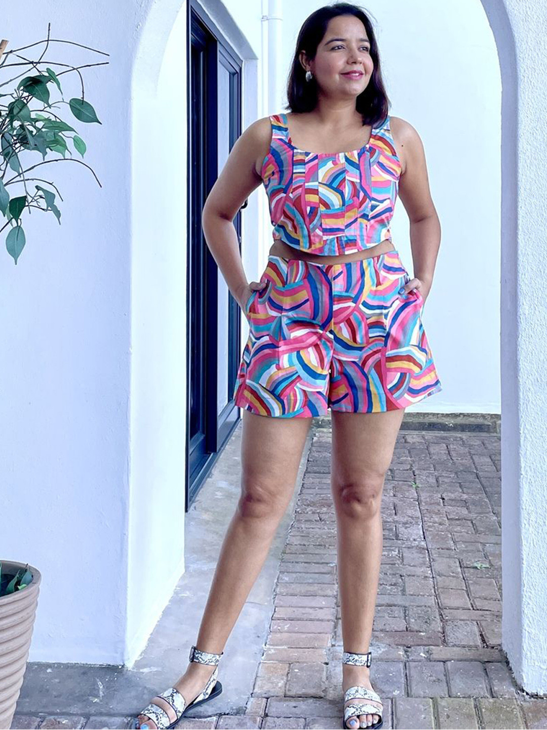 Label Tanvee Printed Pure Cotton Round neck Top & Shorts Co-Ords Set