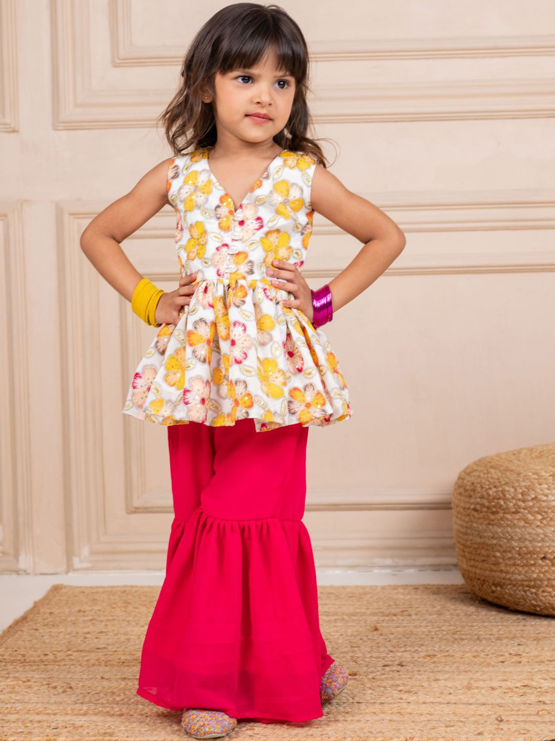 Jilmil Girls Floral Printed V-Neck Empire Chinon Kurti With Sharara