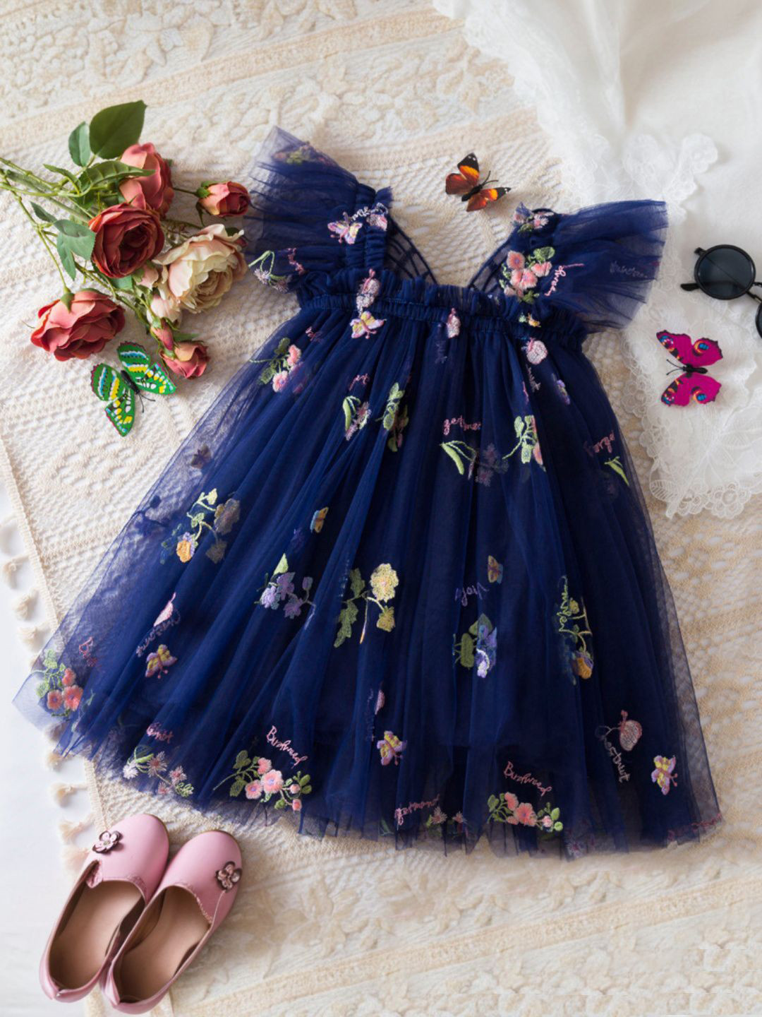 INCLUD Girls Floral Embroidered A-Line Tulle Dress With Appliqued Butterfly
