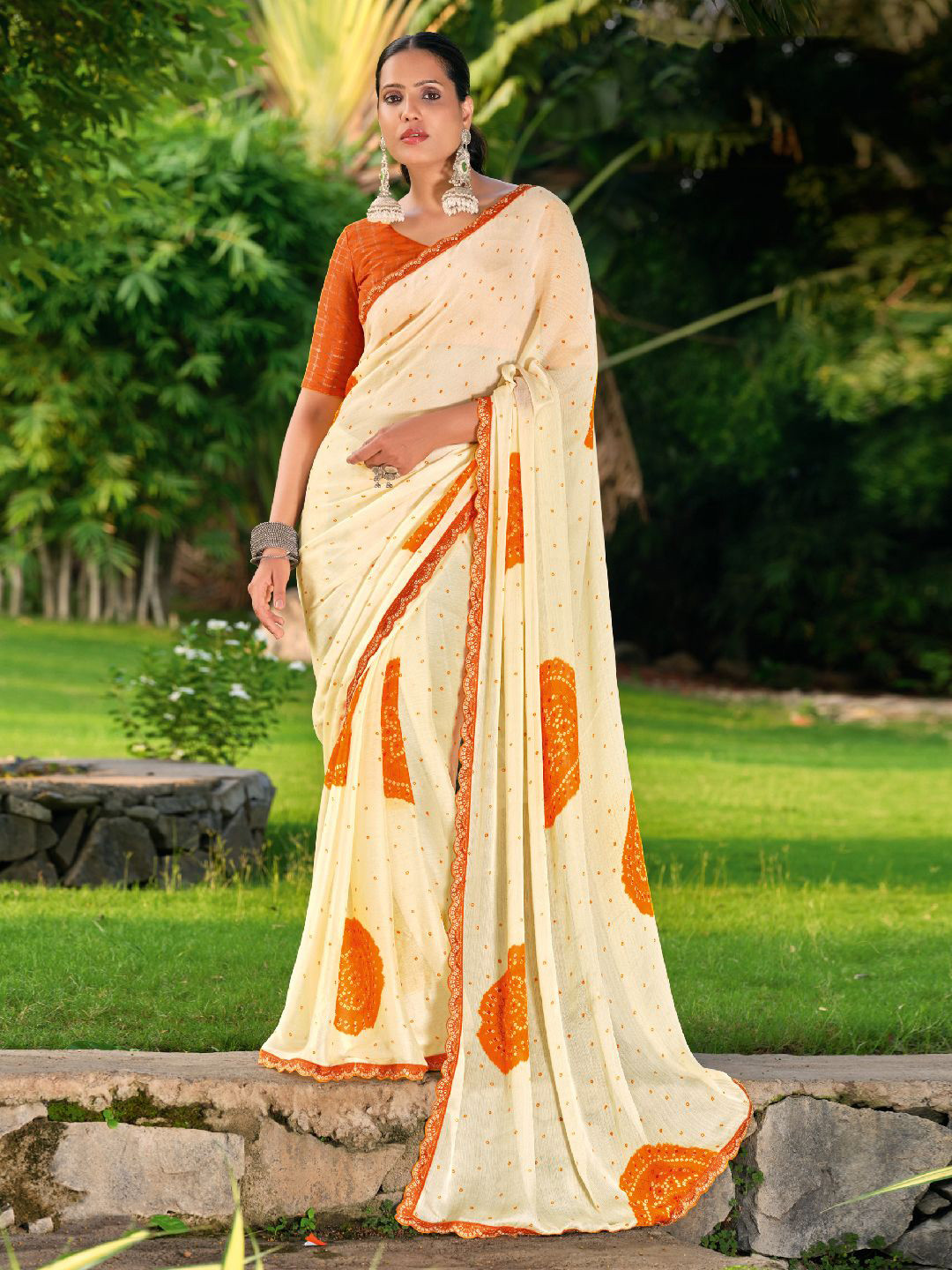 Pandadi Saree Bandhani Printed Cutwork Embroidery Border Saree