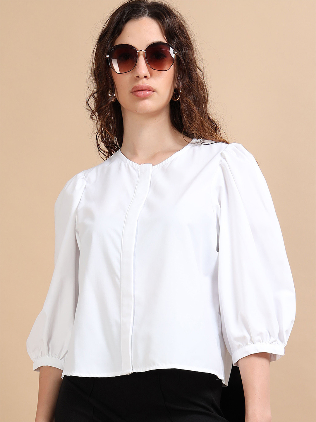 GLAM & CHIQUE Women's Regular Fit Balloon Sleeves Solid Shirt