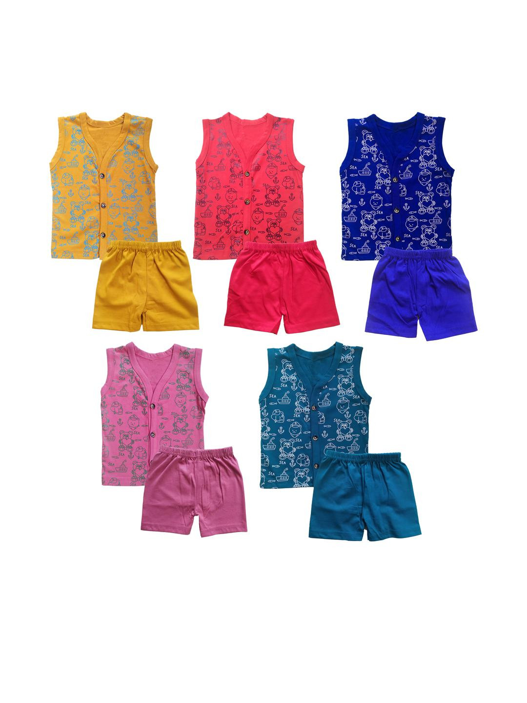 ARYA Infants Pack of 5 Printed Pure Cotton Vest and Shorts Set
