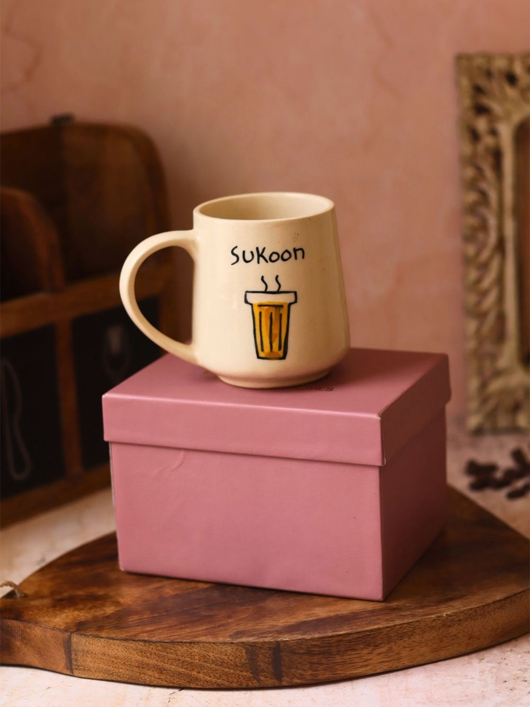 WEAVING HOMES White & Black Sukoon Printed Ceramic Glossy Mug With Gift Box-250 ml