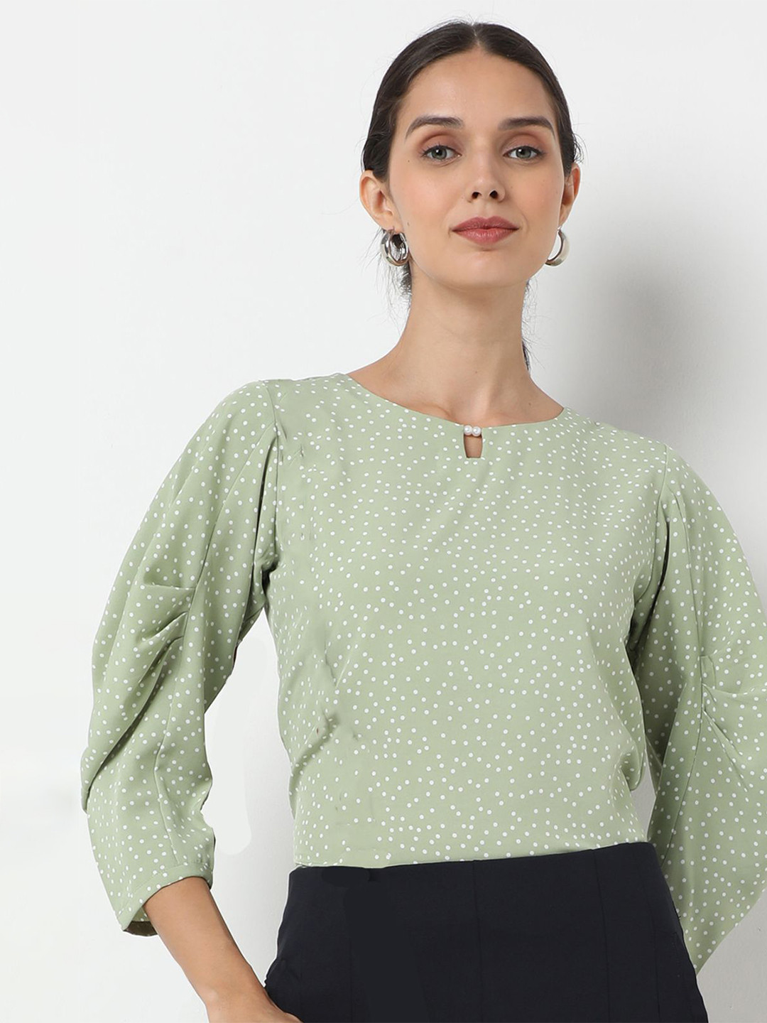 NOT SO PINK Polka Dot Print Keyhole NeckPuff Sleeves Top