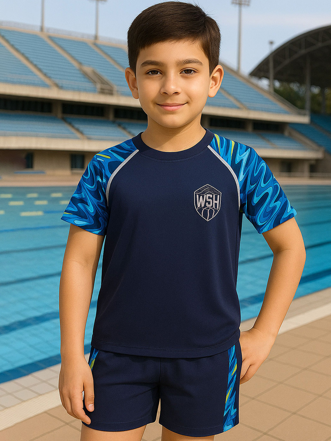 bubble berry Boys Abstract Printed Round Neck Swim Set