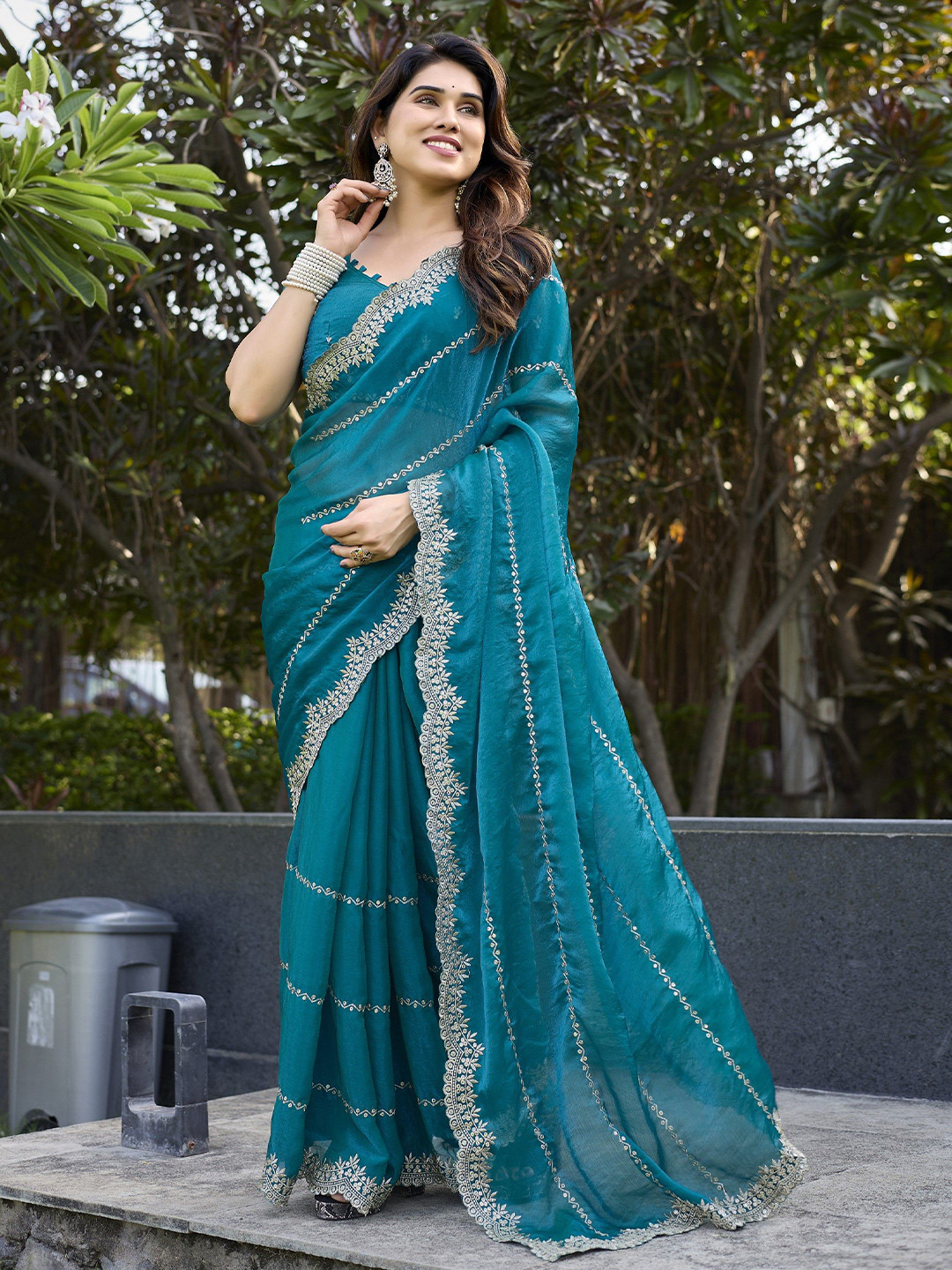 Moda Rapido Floral Embroidered Pure Chiffon Saree